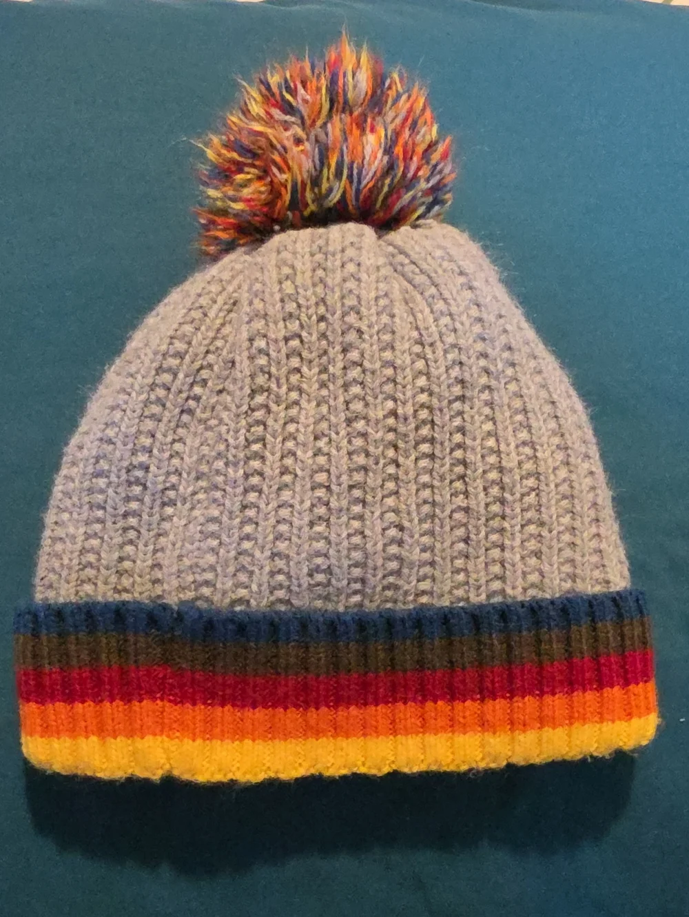 Britts Knits Kids Multicolor Pom-Pom Knit Beanie - Gray with Rainbow Trim